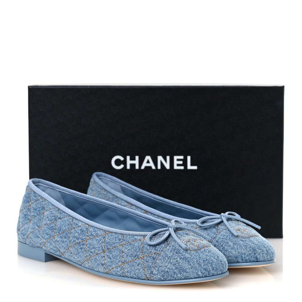 Denim Quilted CC Cap Toe Ballerina Flats 40.5 Light Blue