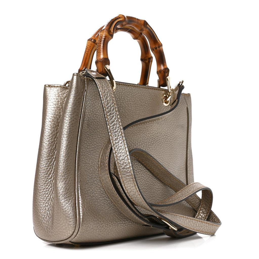 Metallic Calfskin Mini Bamboo Shopper Tote Golden Beige