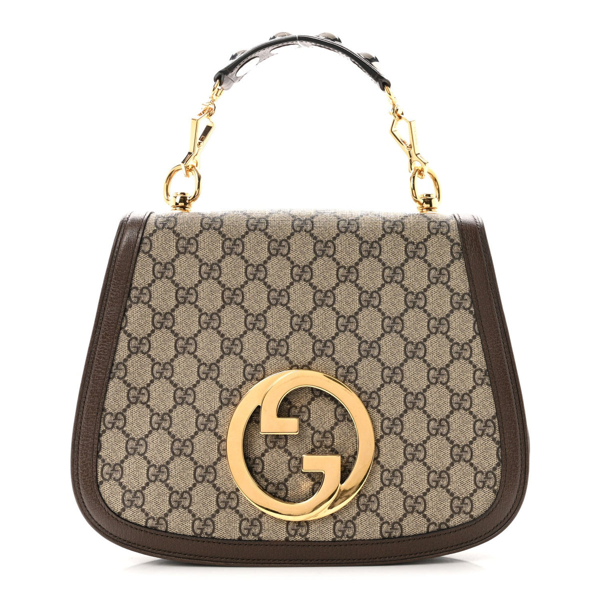 GG Supreme Monogram Textured Dollar Calfskin Web Medium Blondie Top Handle Shoulder Flap Bag Beige Ebony New Acero
