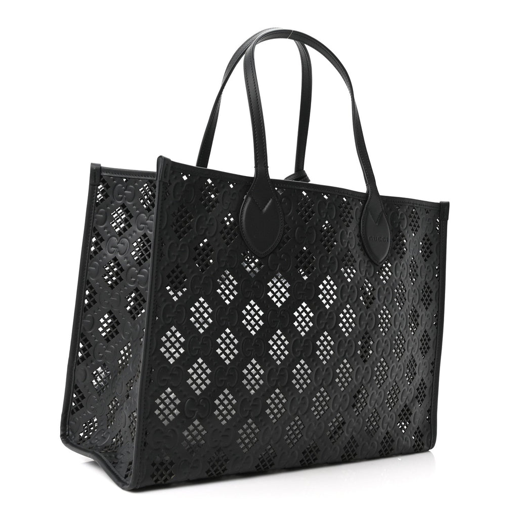 Calfskin GG Monogram Diamond Cut Medium Ophidia Tote Bag Black