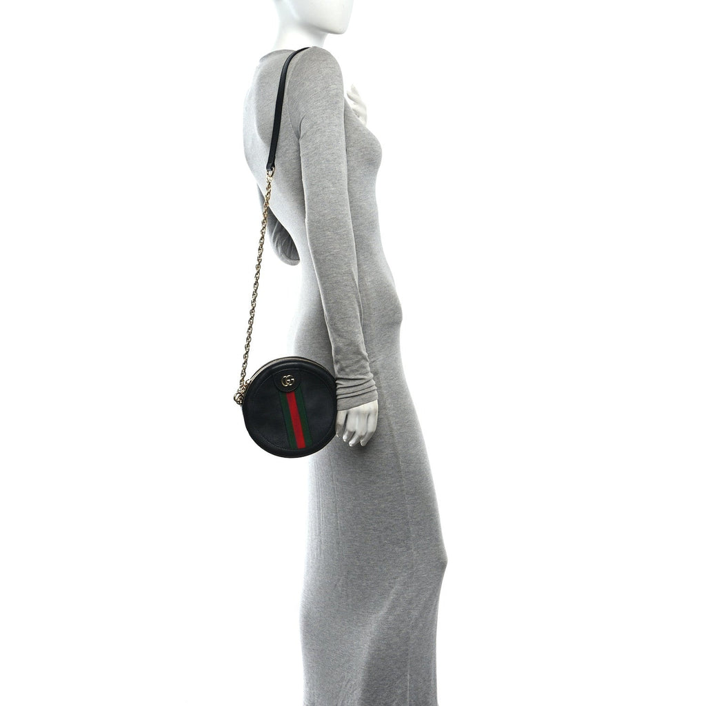 Grained Calfskin Web Mini Ophidia Round Shoulder Bag Black