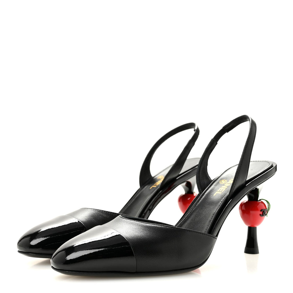 Lambskin Patent Cap Toe CC Apple Slingback Pumps 37 Black