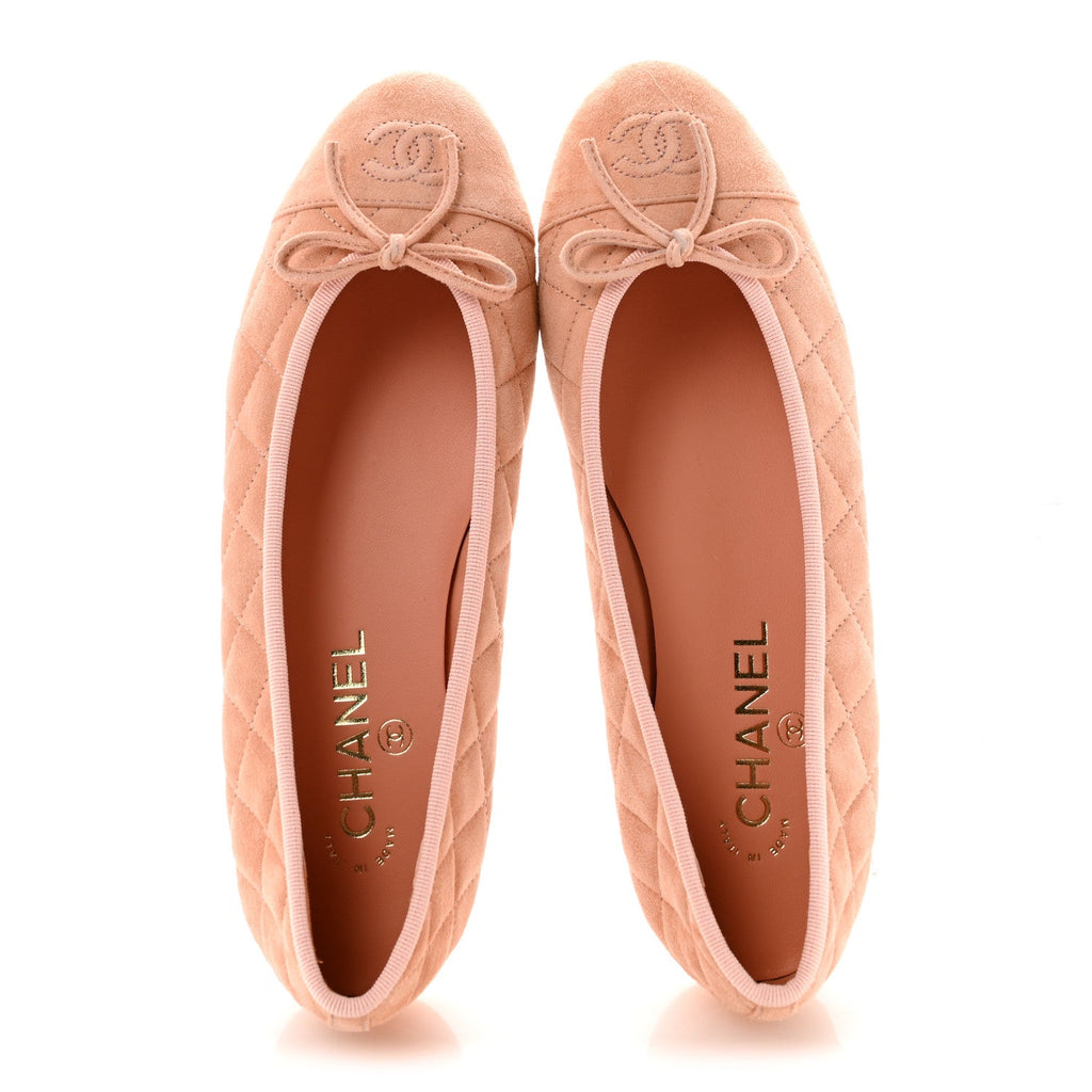 Suede Kidskin Quilted Cap Toe CC Ballerina Flats 38.5 Light Orange