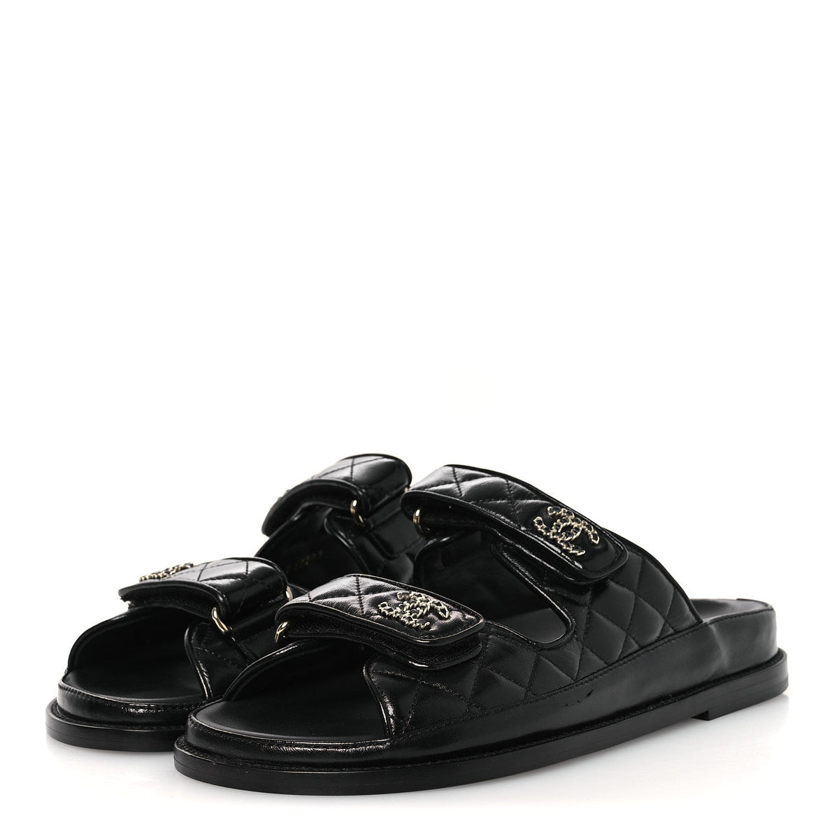 Lambskin Quilted Velcro Dad Chain CC Slide Sandals 38.5 Black