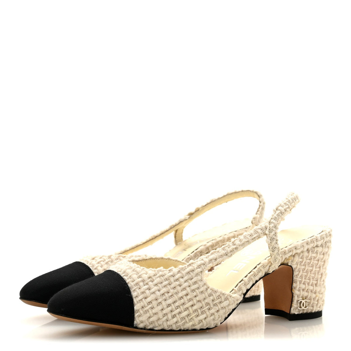 Tweed Cap Toe CC Slingback Pumps 36 Ivory Black