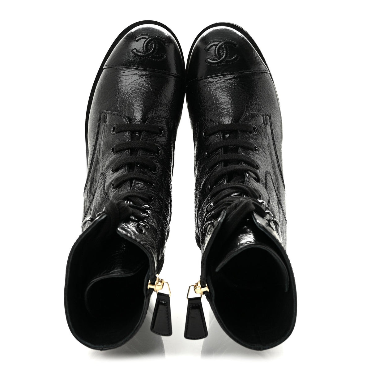 Shiny Crumpled Lambskin Lace Up Combat Boots 36 Black