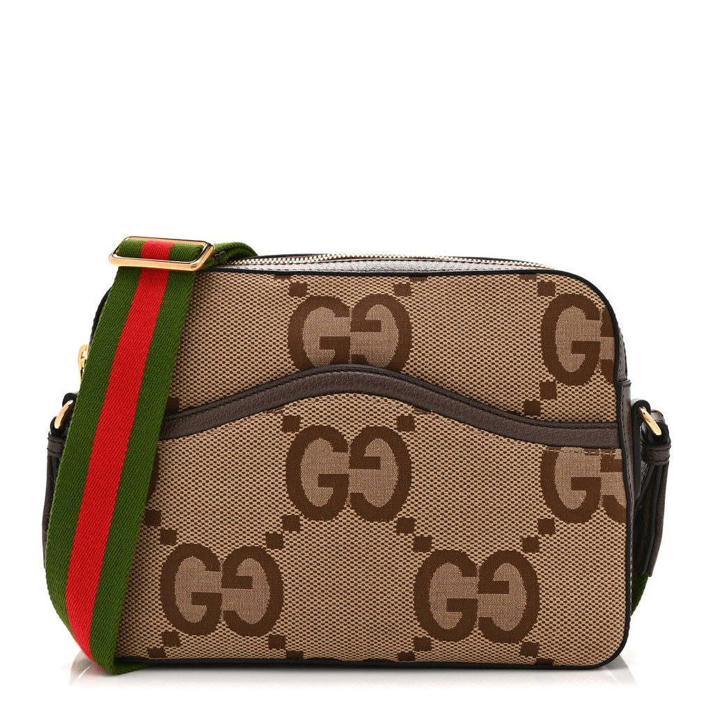 Monogram Jumbo GG Textured Dollar Calfskin Web Messenger Shoulder Bag Camel Ebony New Acero