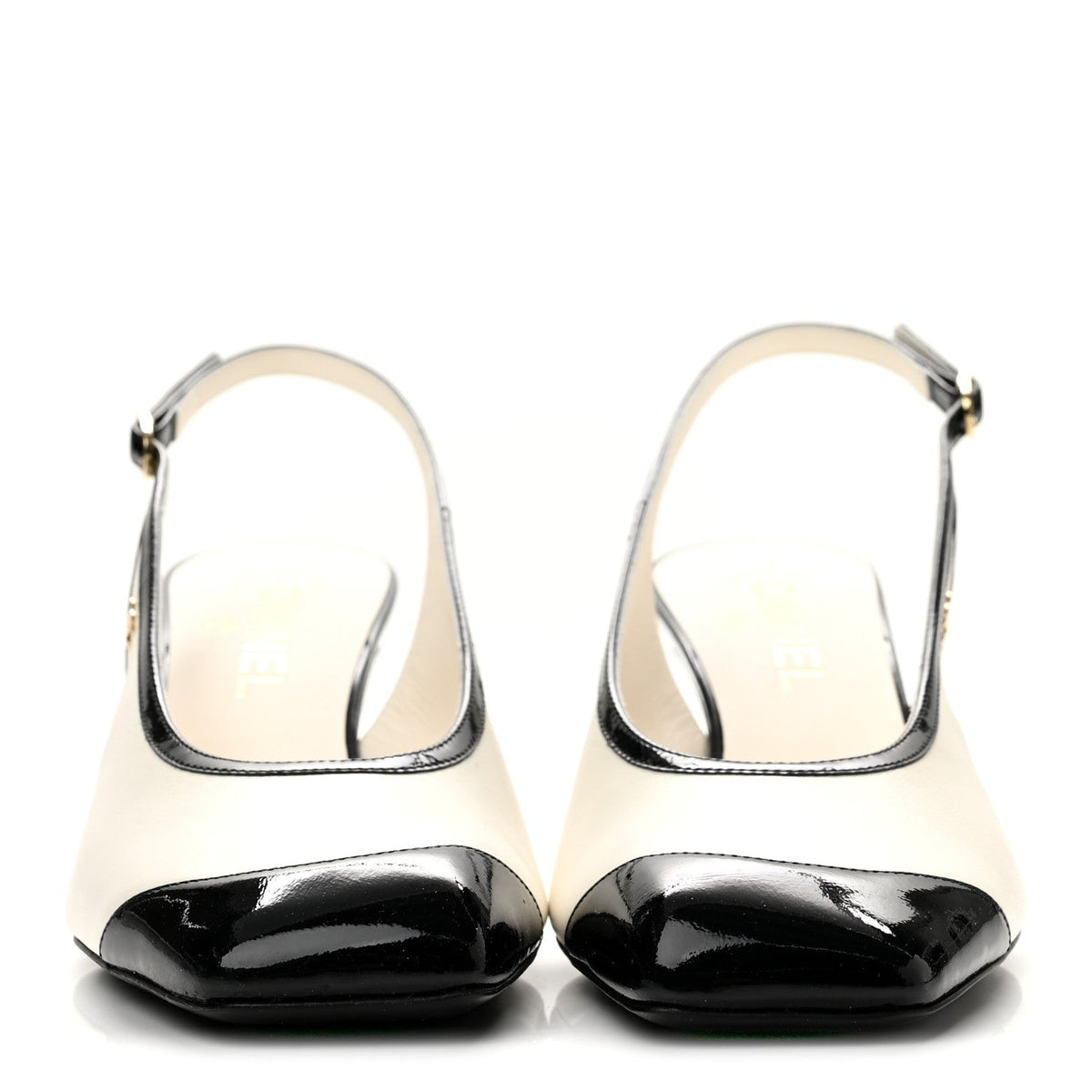 Lambskin Patent Calfskin Cap Toe CC Slingback Pumps 38.5 White Black