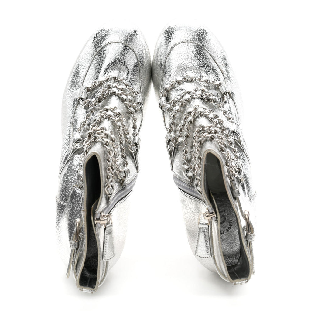 Metallic Crackled Calfskin Chain CC Short Boots 38.5 Silver