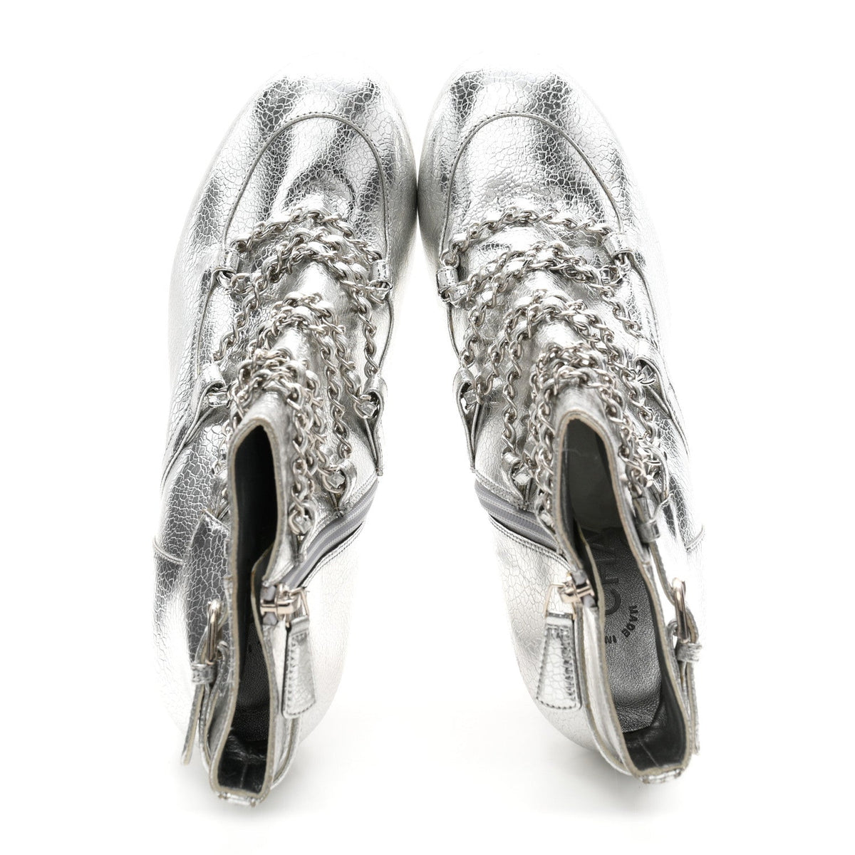 Metallic Crackled Calfskin Chain CC Short Boots 38.5 Silver