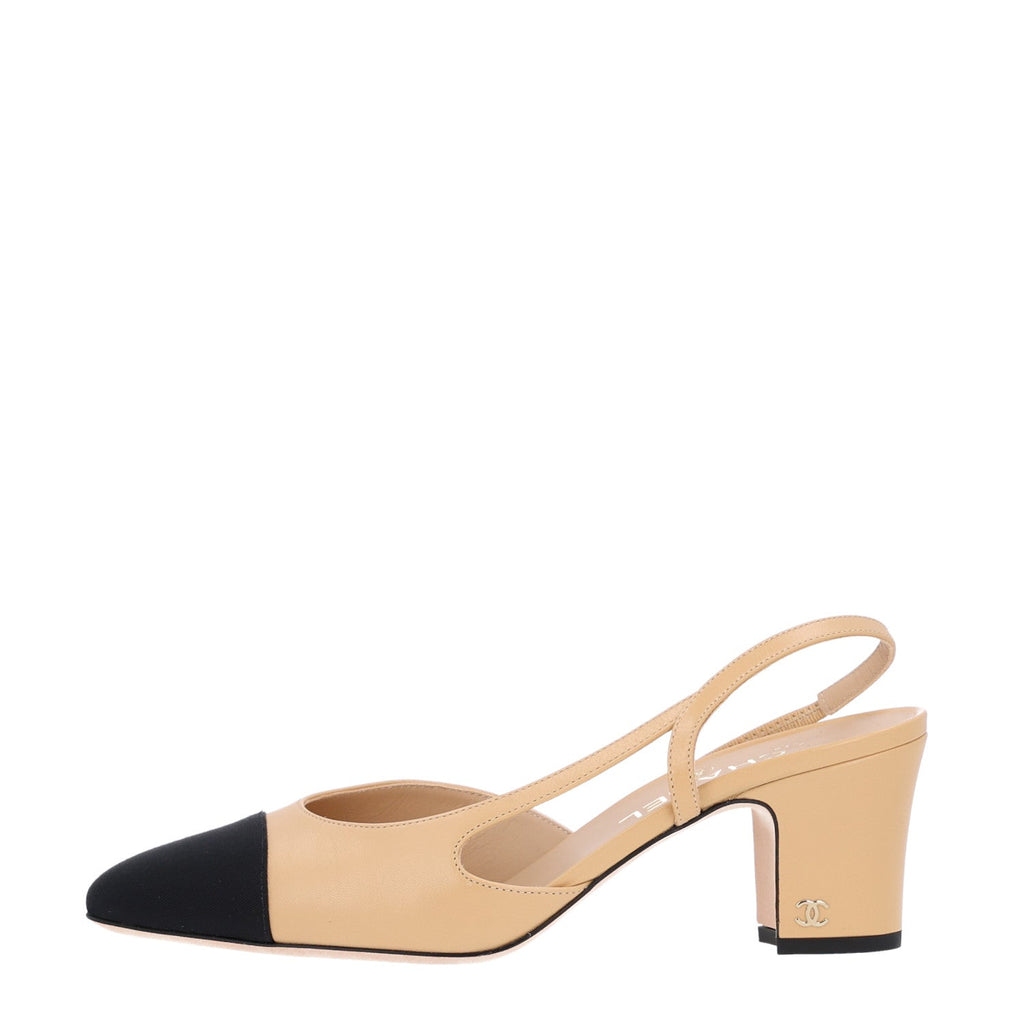 Goatskin Grosgrain Cap Toe CC Slingback Pumps 40 Beige Black