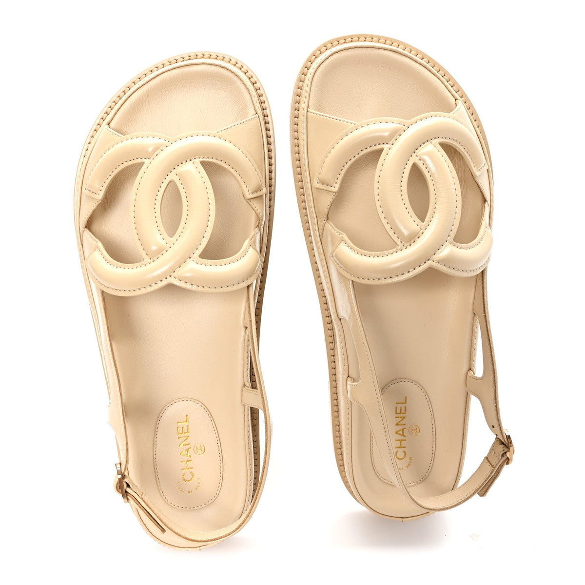Crumpled Shiny Lambskin CC Cut Out Dad Sandals 40 Beige
