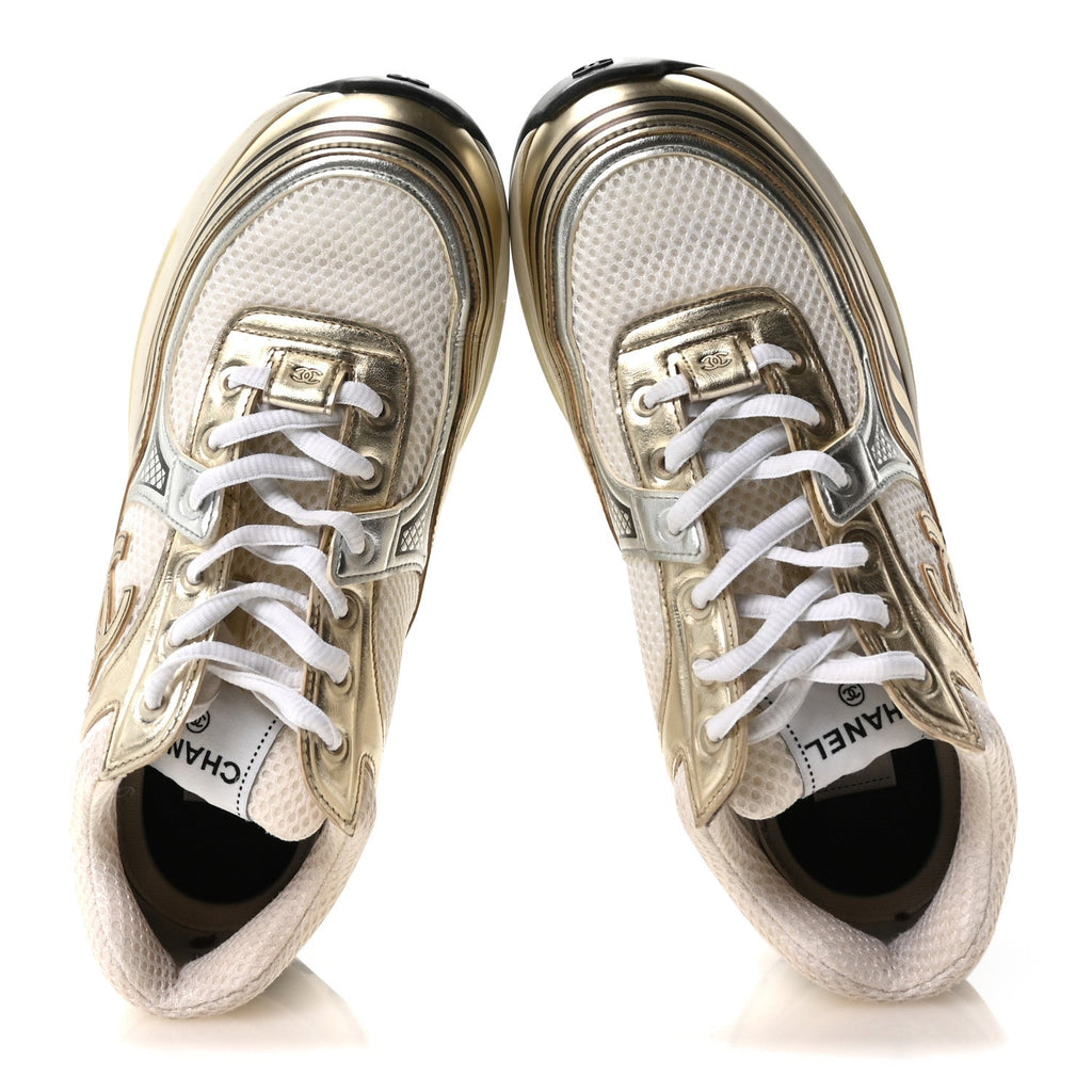 Fabric Laminated Calfskin Stretch CC Sneakers 39 White Gold Silver