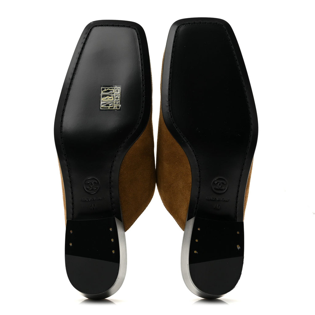 Suede Calfskin CC Turn Lock Mules 40 Dark Beige
