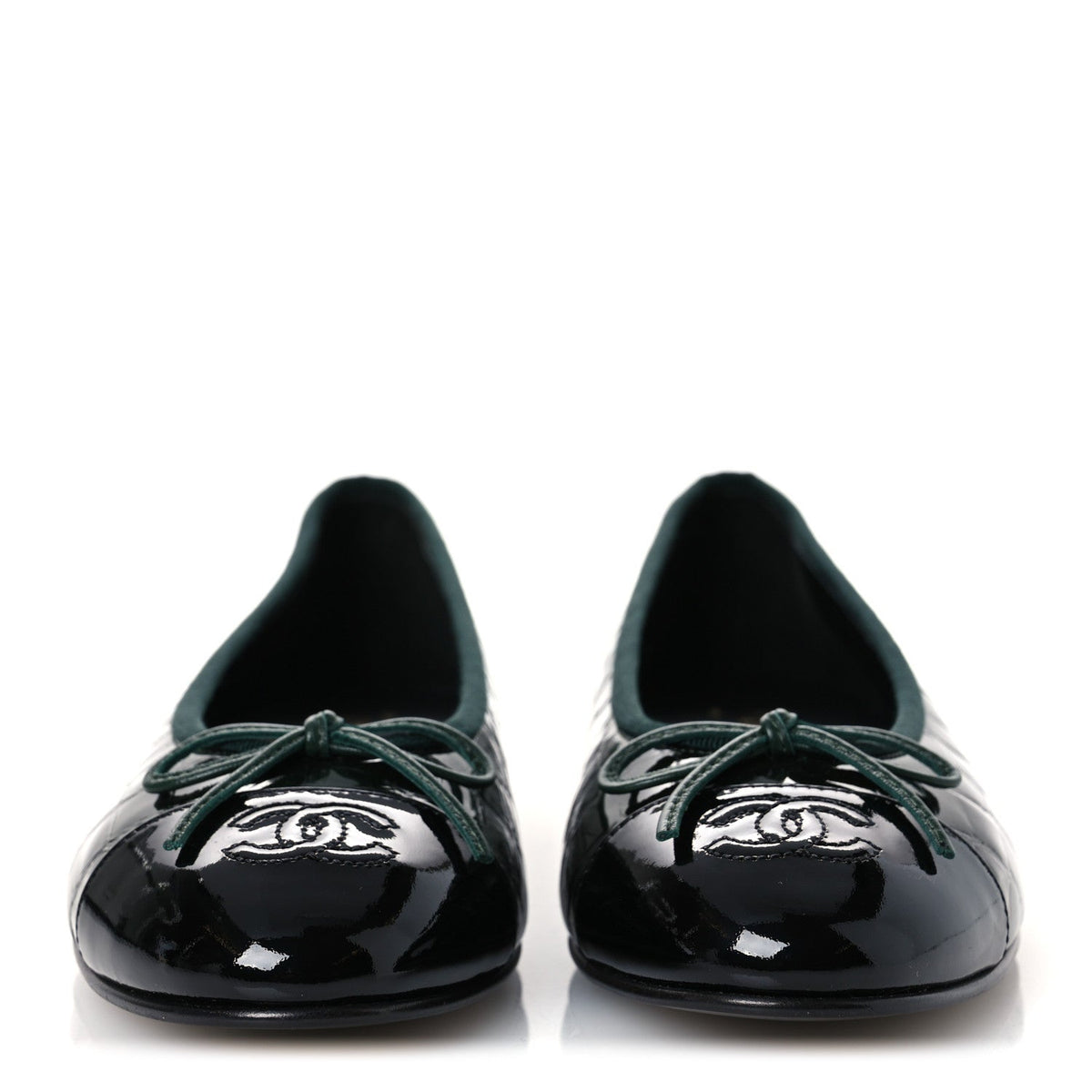 Crocodile Embossed Patent Calfskin Cap Toe CC Ballerina Flats 37.5 Dark Green Black