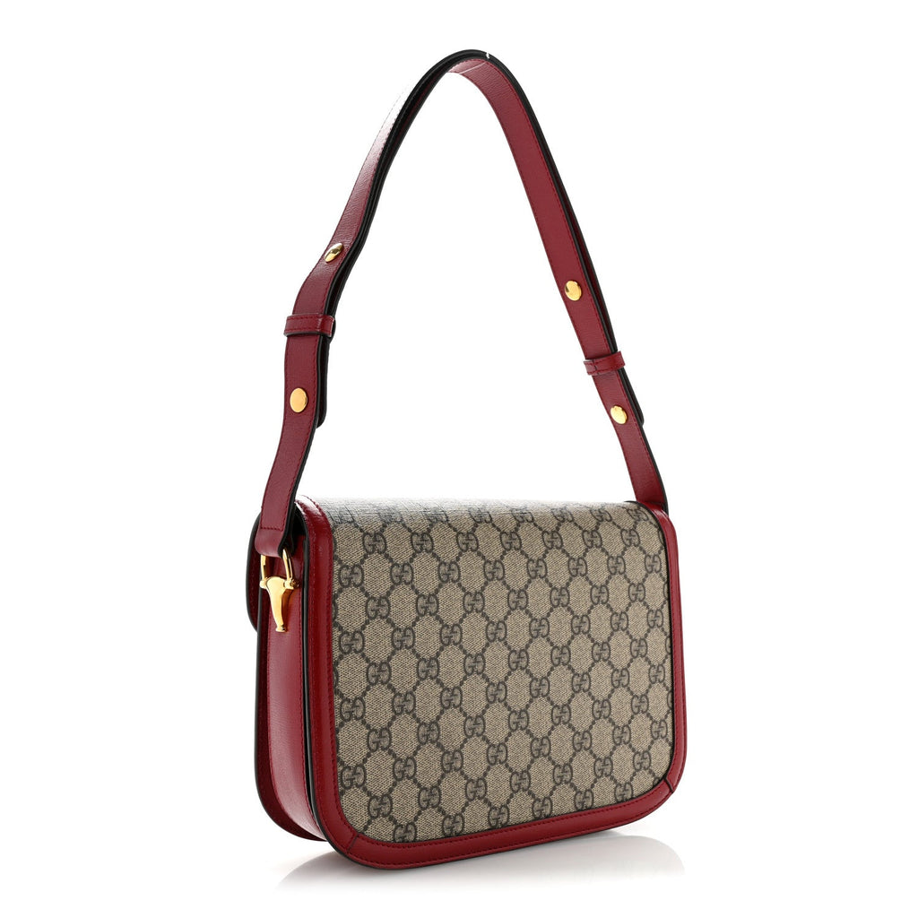 GG Supreme Monogram Azalea Calfskin Horsebit 1955 Shoulder Bag Beige Ebony New Cherry Red