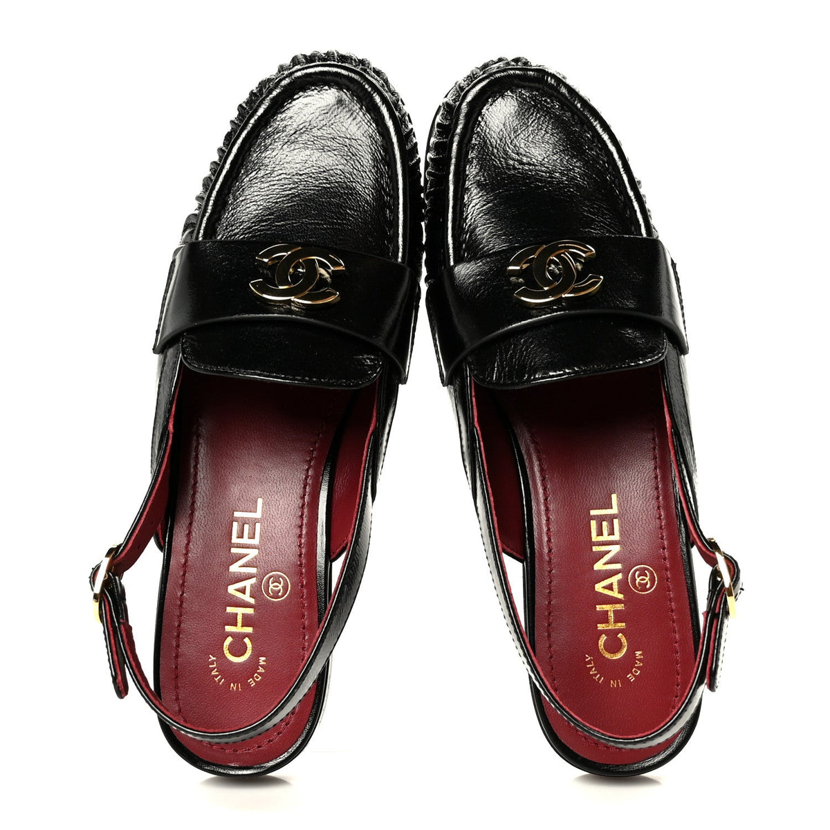Crumpled Shiny Lambskin CC Slingback Mocassin 37.5 Black