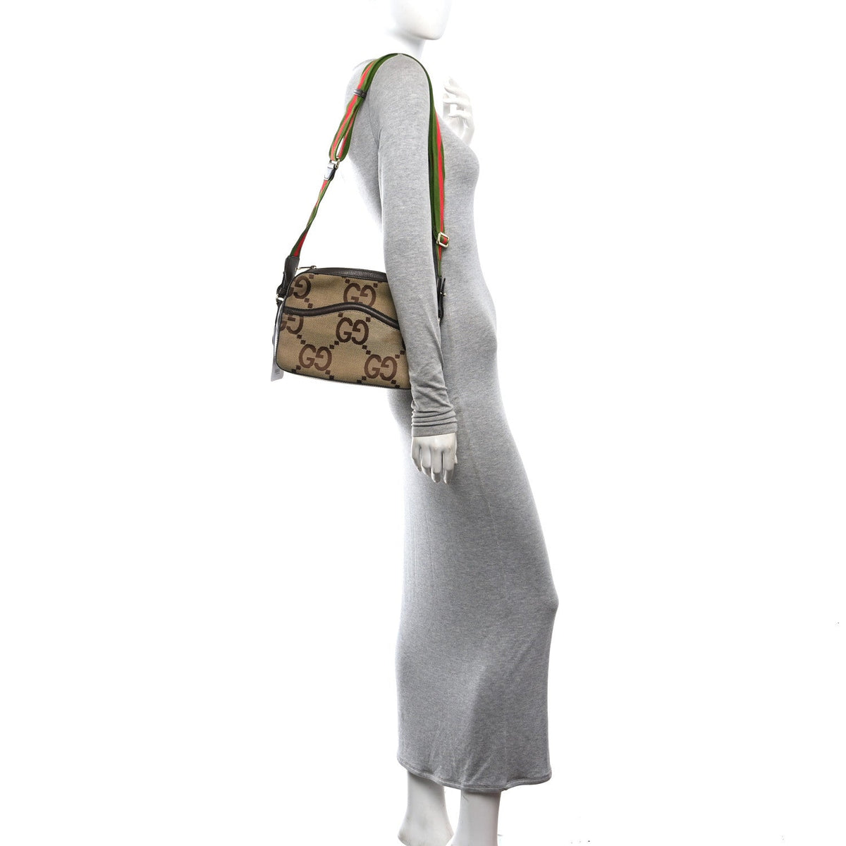 Monogram Jumbo GG Textured Dollar Calfskin Web Messenger Shoulder Bag Camel Ebony New Acero