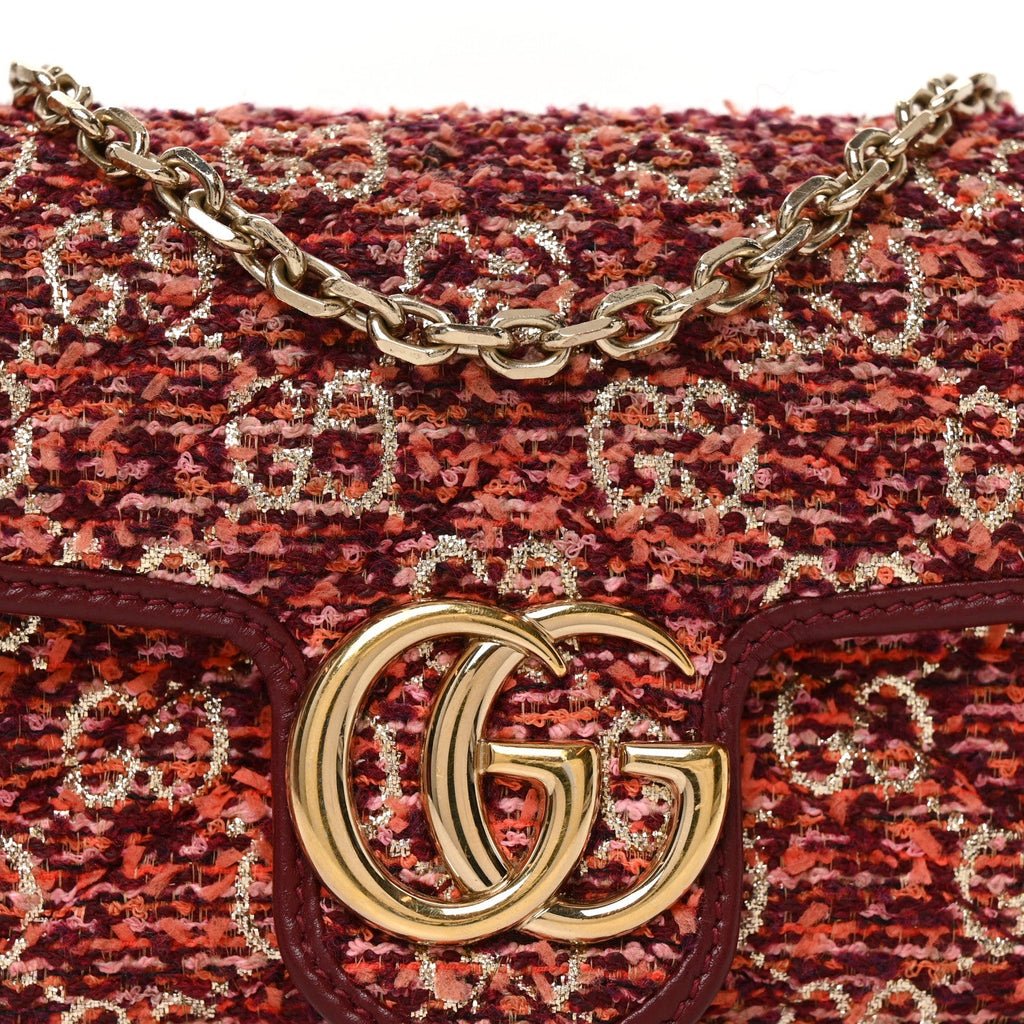 Tweed GG Monogram Mini GG Marmont Shoulder Bag Pink Red