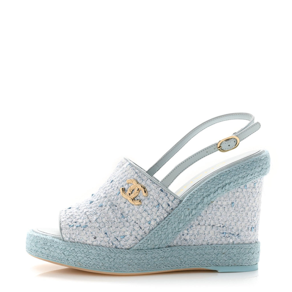 Tweed Braided Cord Wedge Sandals  37 Blue