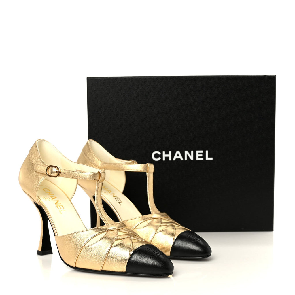 Laminated Lambskin Cap Toe Pumps 38.5 Gold Black