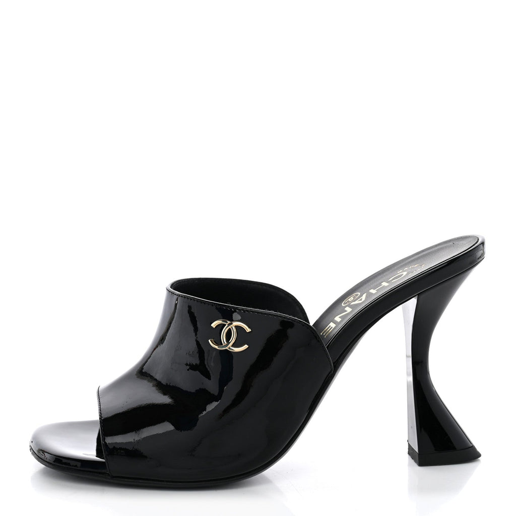 Patent Calfskin CC Mules 36.5 Black