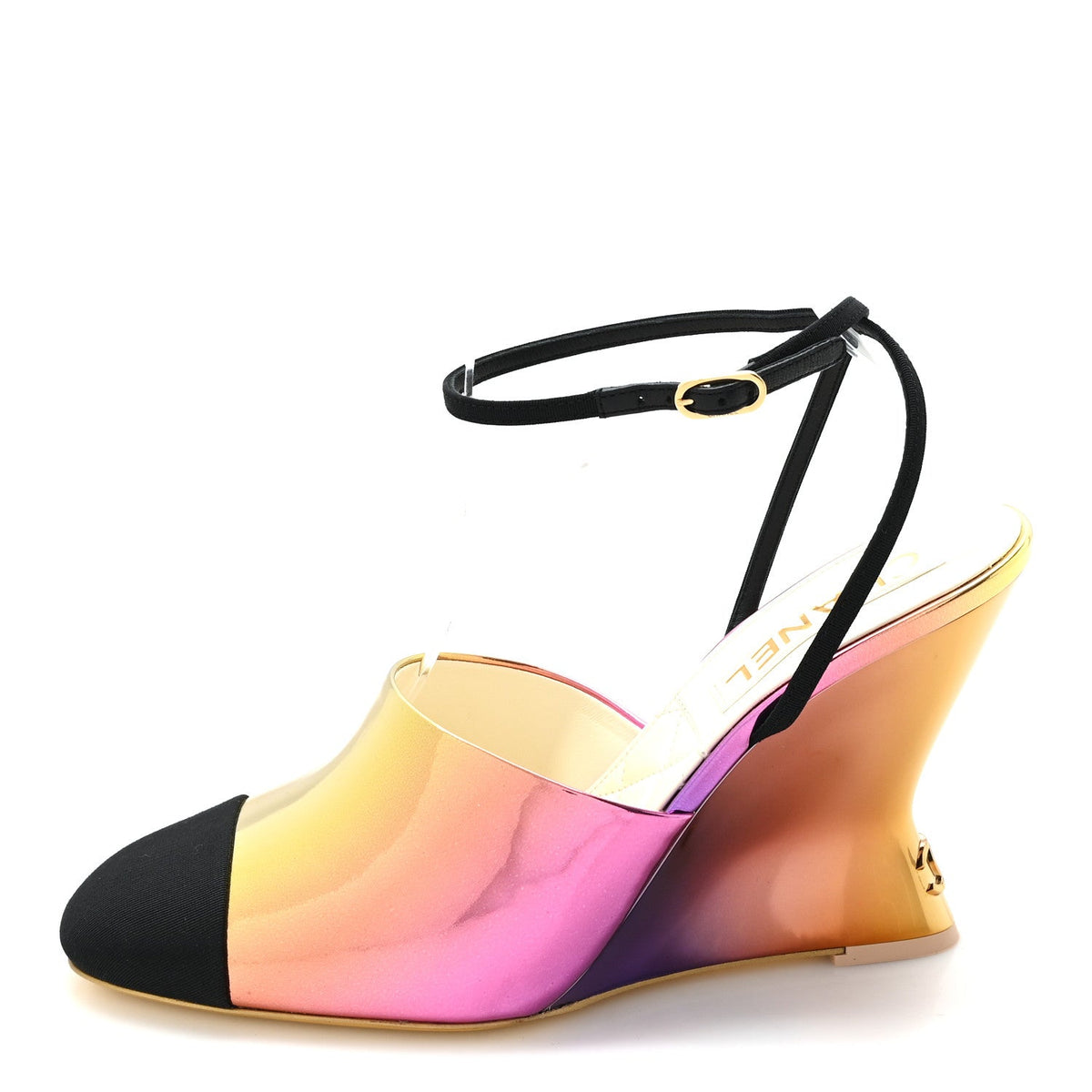 Laminated Calfskin Grosgrain Cap Toe CC Wedge Pumps 40 Pink Orange Yellow Black
