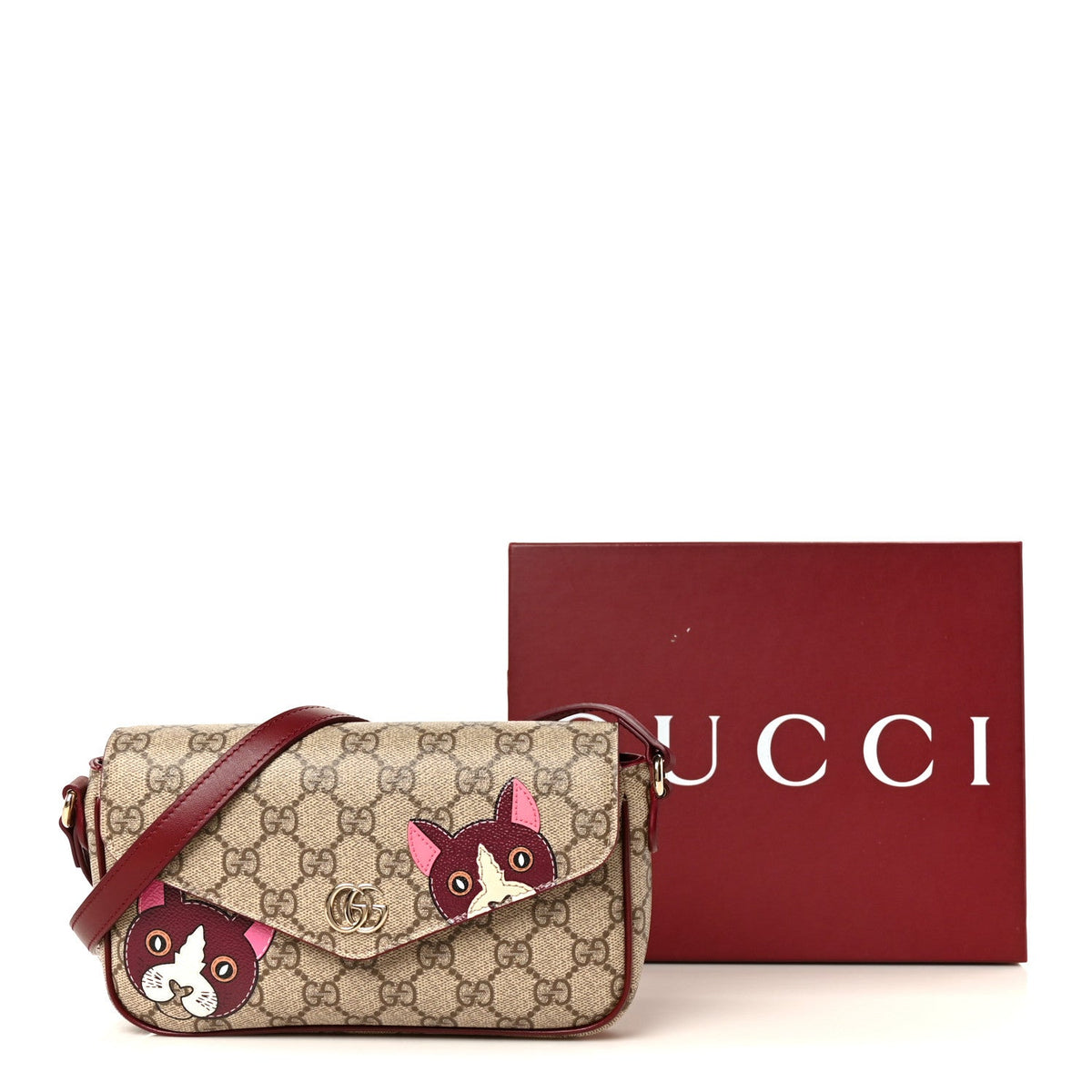 GG Supreme Monogram Cat Print Mini Shoulder Bag Beige Ebony Rosso Ancora