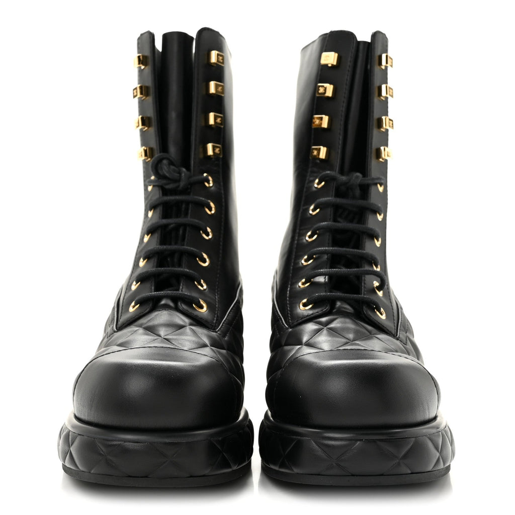 Calfskin Quilted Lace Up Combat Boots 38 Black