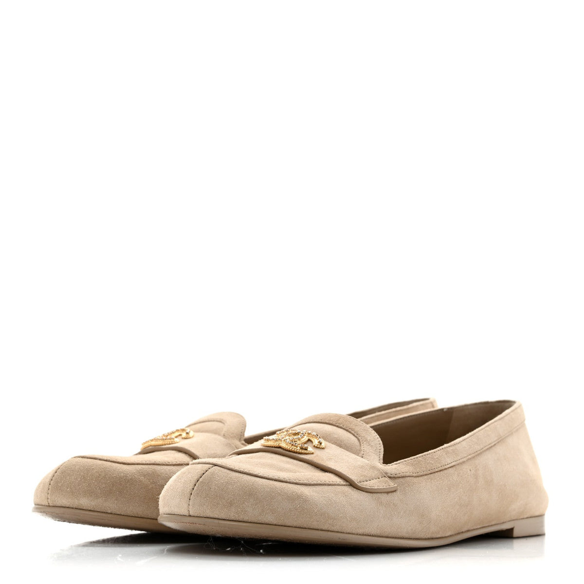 Suede Crystal CC Mocassin Loafers 39.5 Beige