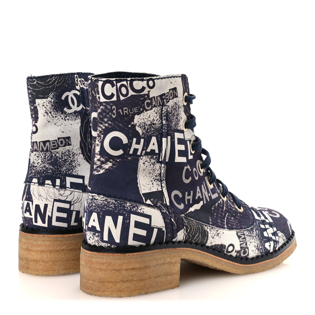 Suede Calfskin Printed CC 31 Rue Cambon Lace Up Combat Boots 39.5 White Navy