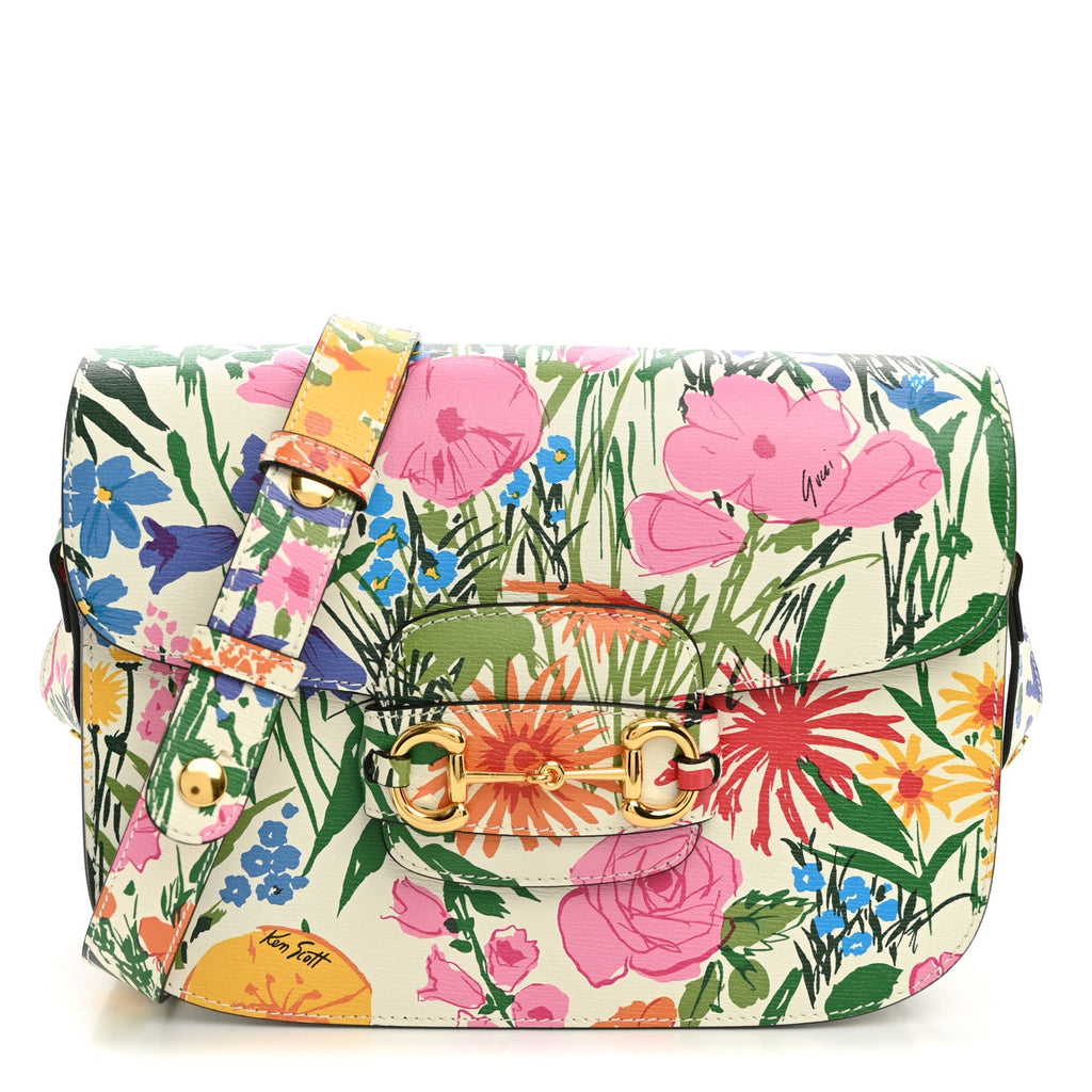 X KEN SCOTT New Shangai Calfskin Jardin D'Avril Floral Print Horsebit 1955 Shoulder Bag Ivory Pink Wild Rose
