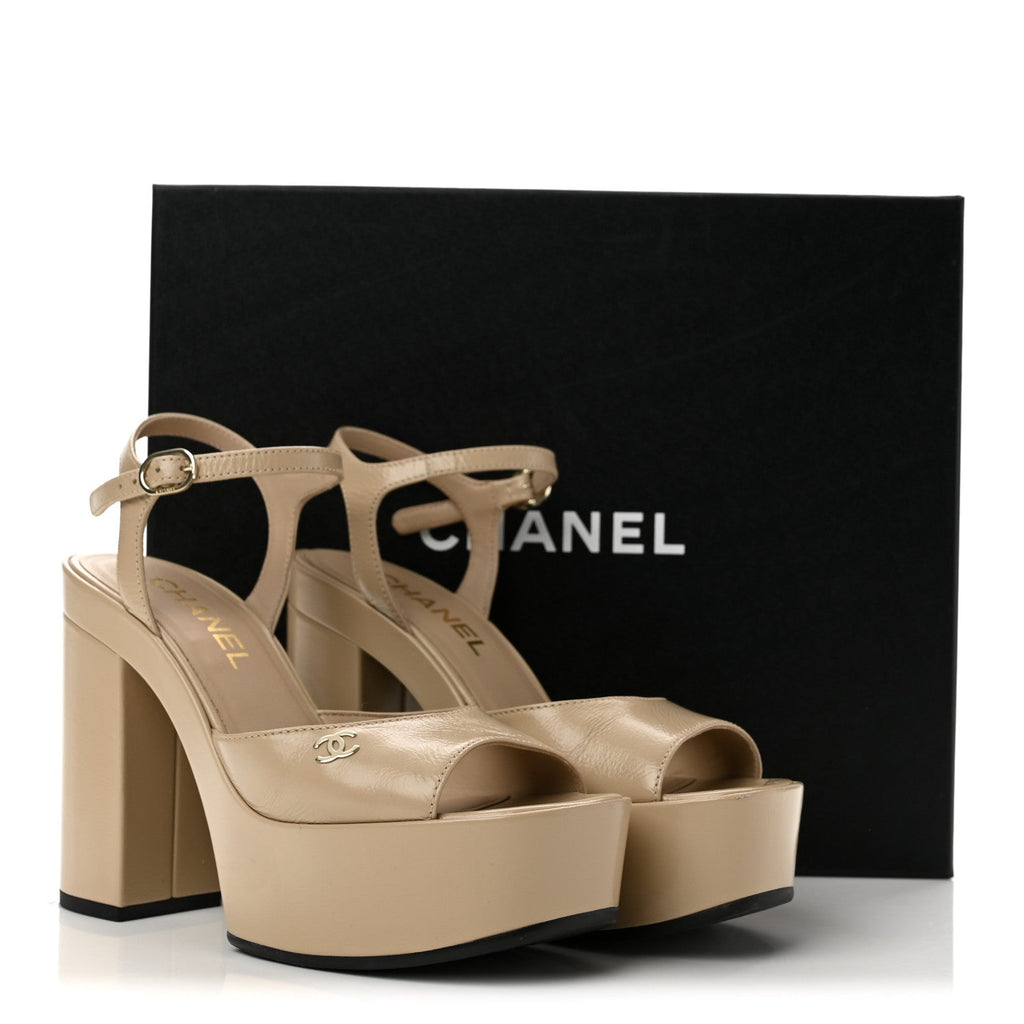 Calfskin CC Platform Sandals 37 Light Beige