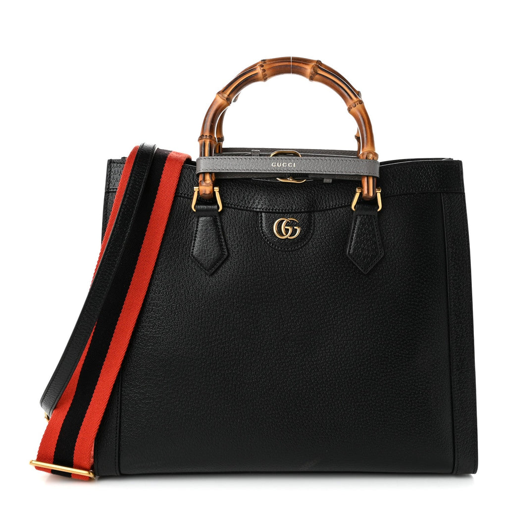 Textured Dollar Calfskin Web Medium Diana Tote Bag Black Dusty Grey