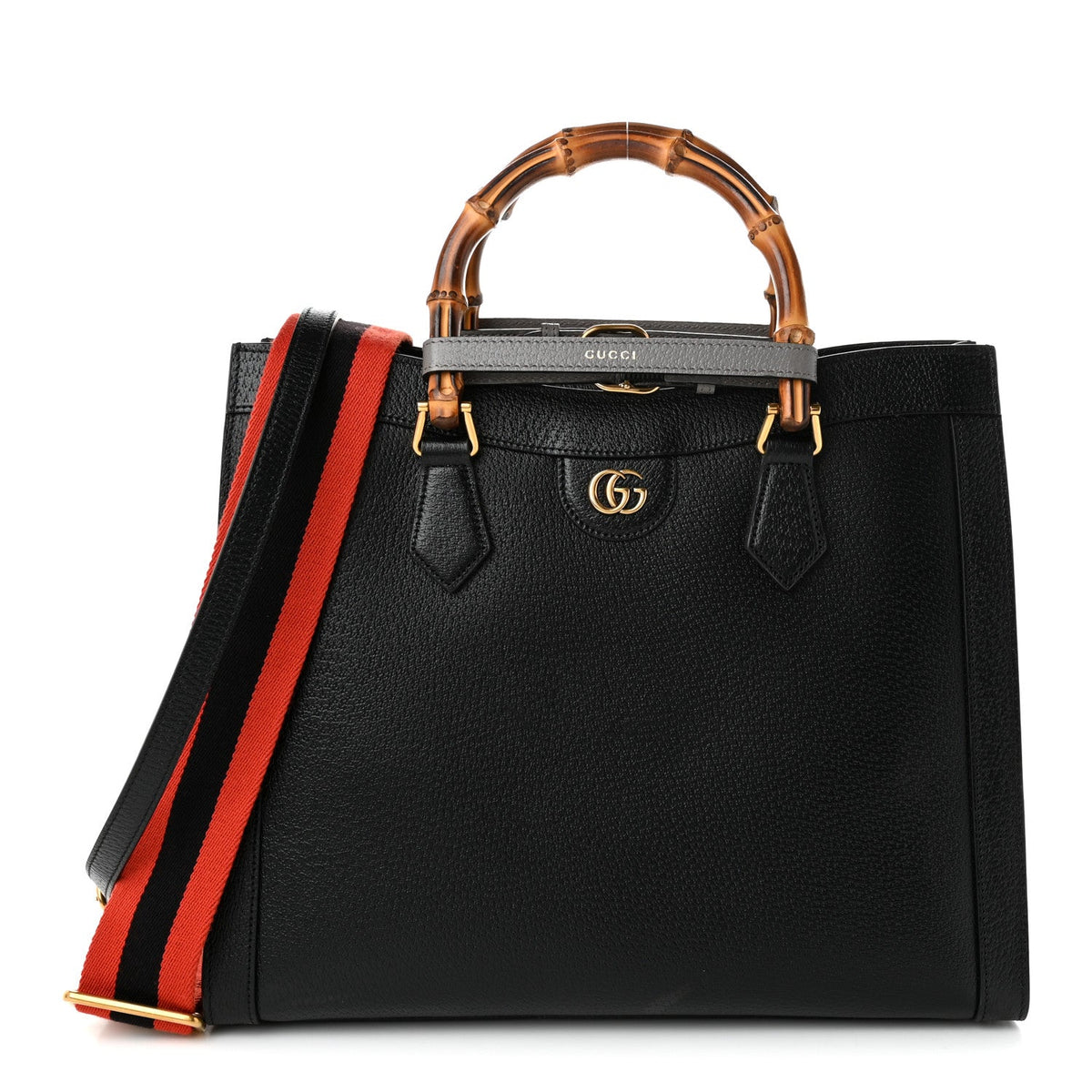 Textured Dollar Calfskin Web Medium Diana Tote Bag Black Dusty Grey
