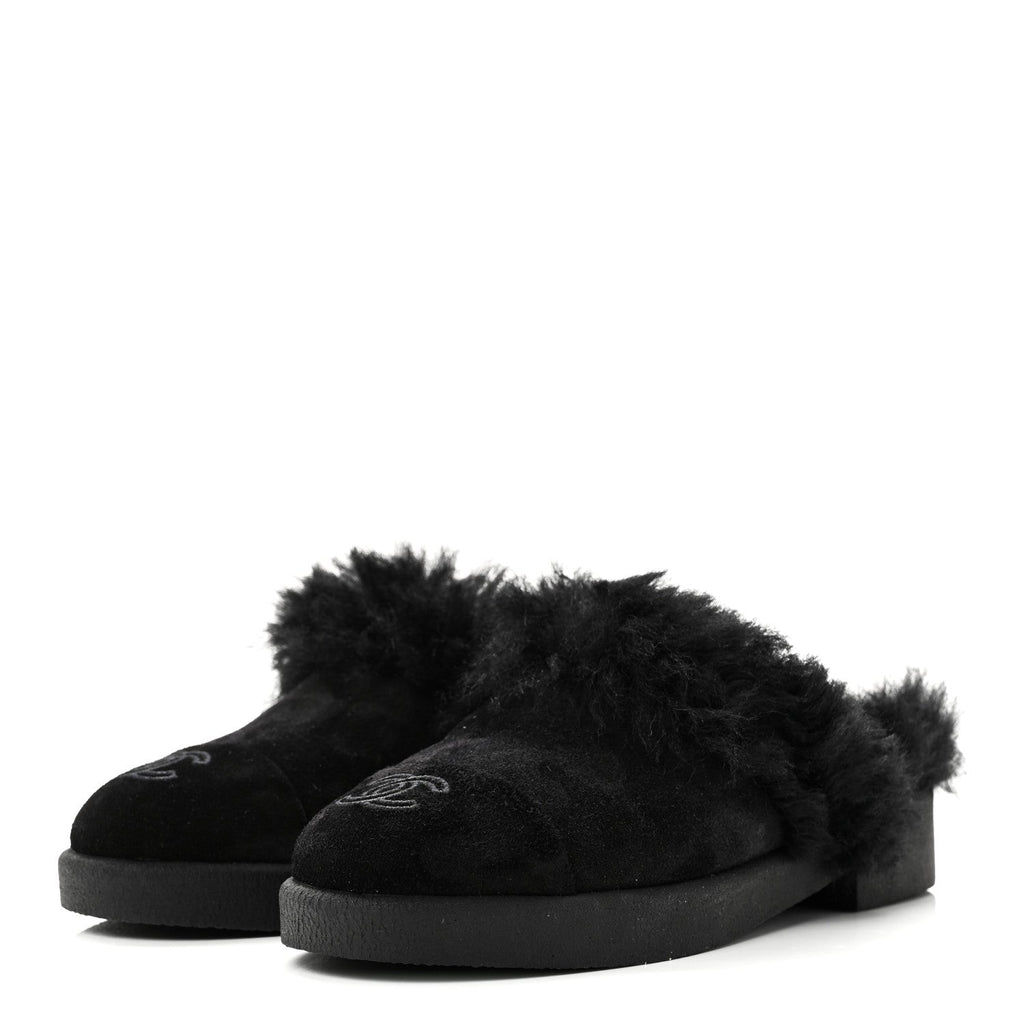 Suede Shearling CC Cap Toe Mules 36 Black