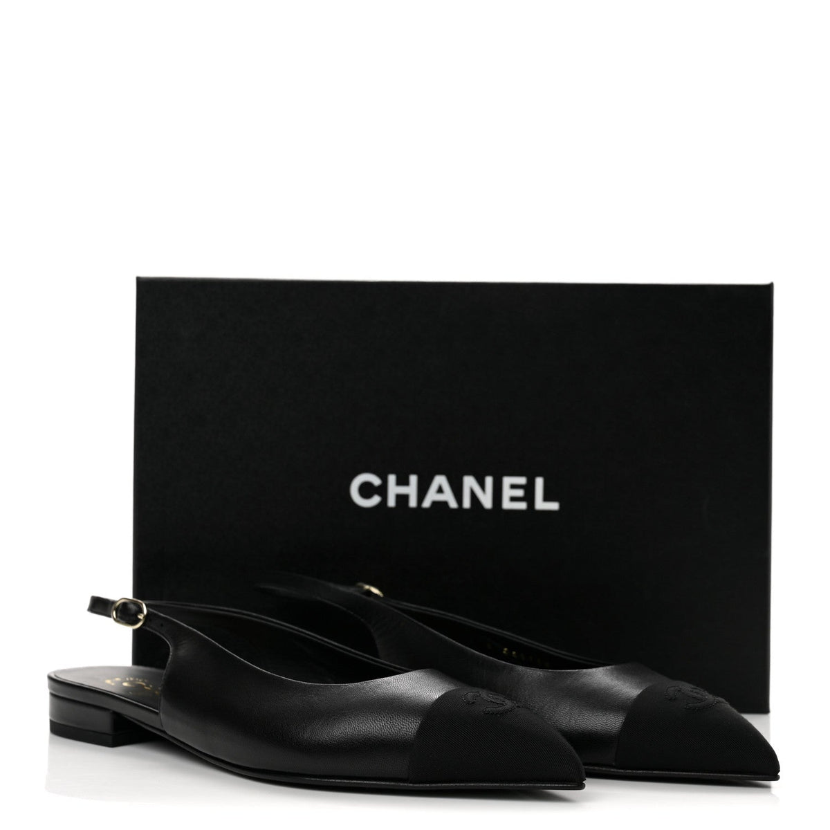 Goatskin Grosgrain Pointed Toe CC Slingback Flats 39 Black