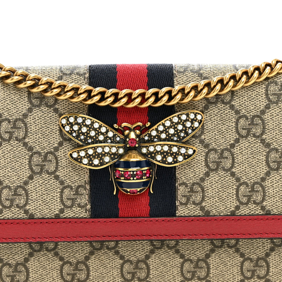 GG Supreme Monogram Web Queen Margaret Chain Wallet Red