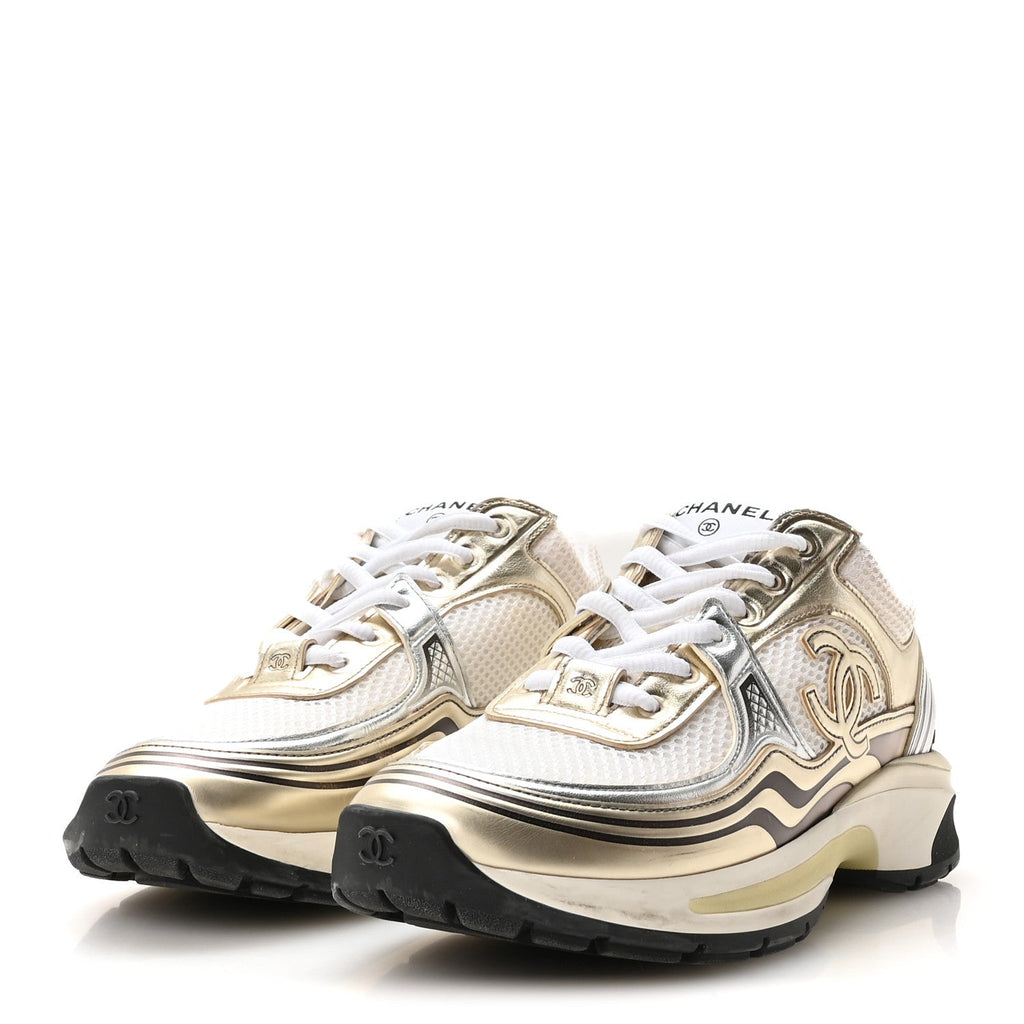 Fabric Laminated Calfskin Stretch CC Sneakers 39 White Gold Silver