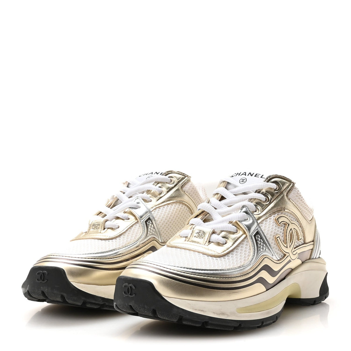 Fabric Laminated Calfskin Stretch CC Sneakers 39 White Gold Silver