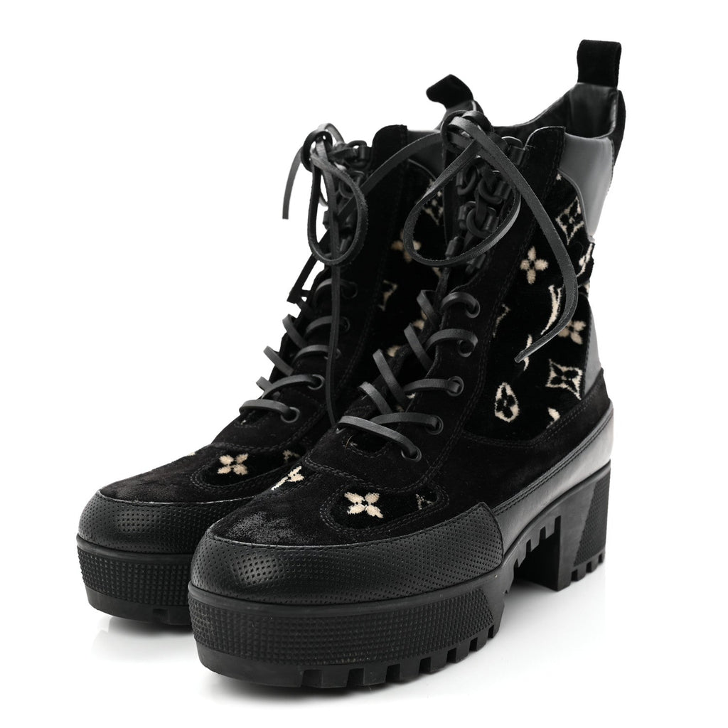 Velvet Calfskin Monogram Laureate Platform Desert Boots 40 Black White