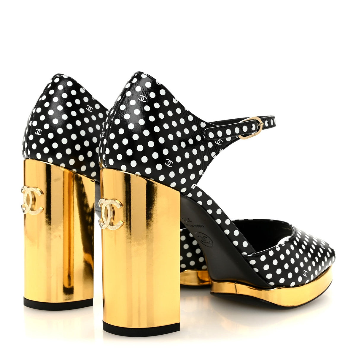 Printed Calfskin Polka Dot CC Platform Sandals 37 Black White