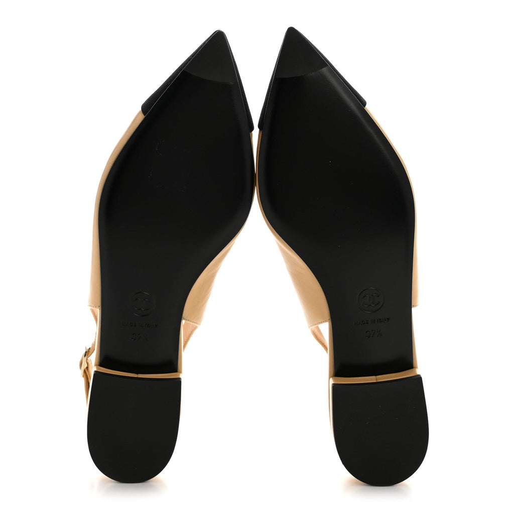 Goatskin Grosgrain Pointed Toe CC Slingback Flats 37.5 Beige Black
