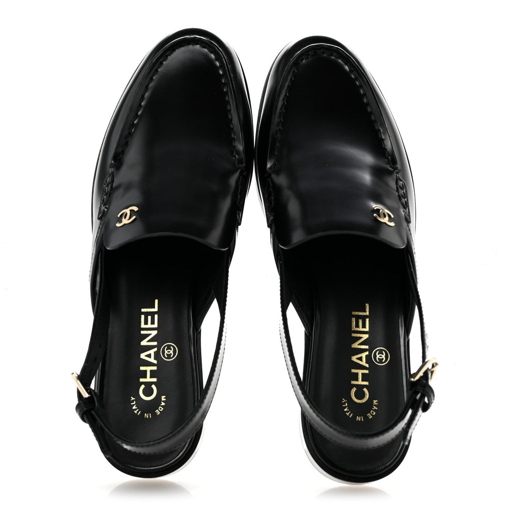 Shiny Calfskin Slingback Loafers 39.5 Black
