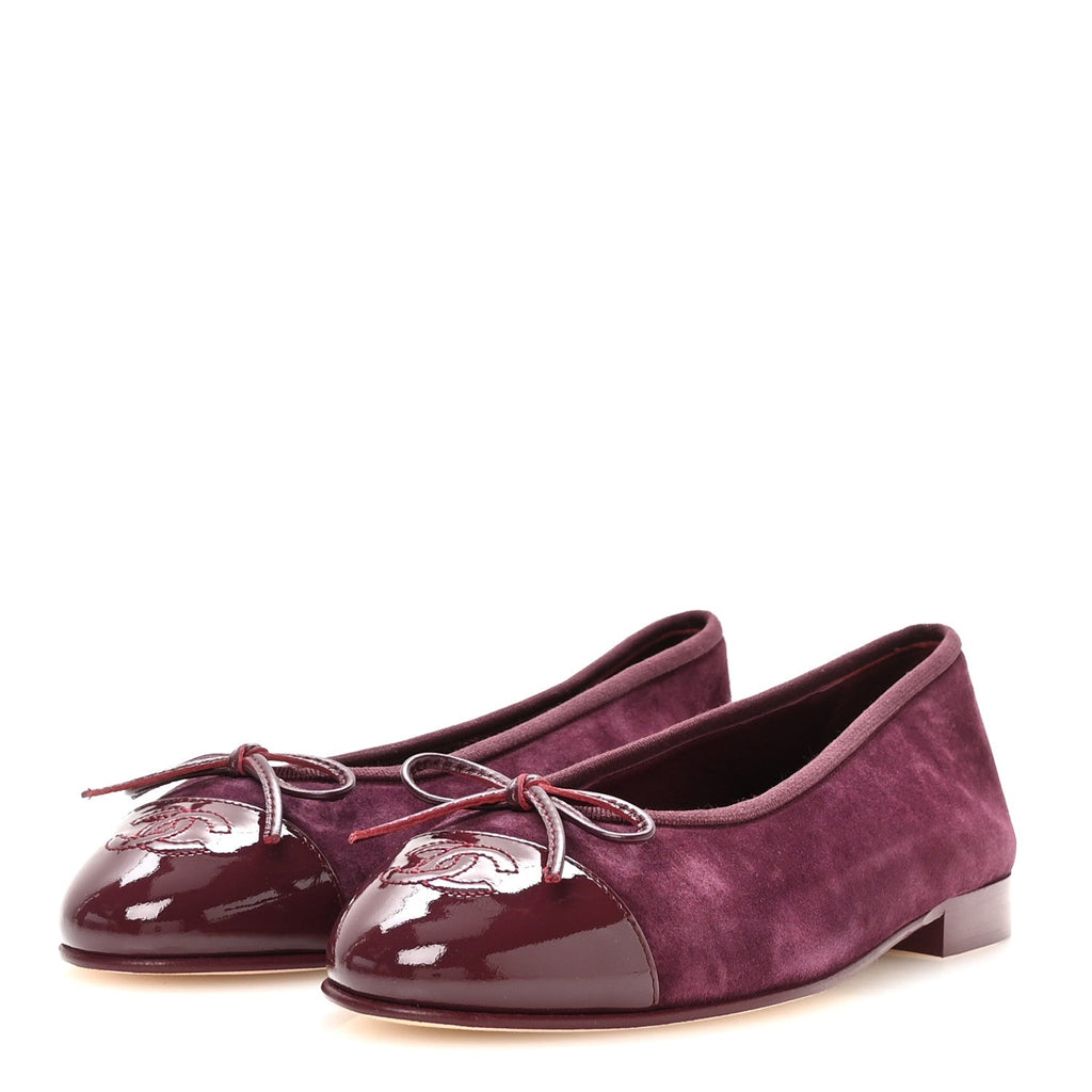 Suede Patent Calfskin Cap Toe CC Ballerina Flats 37 Burgundy