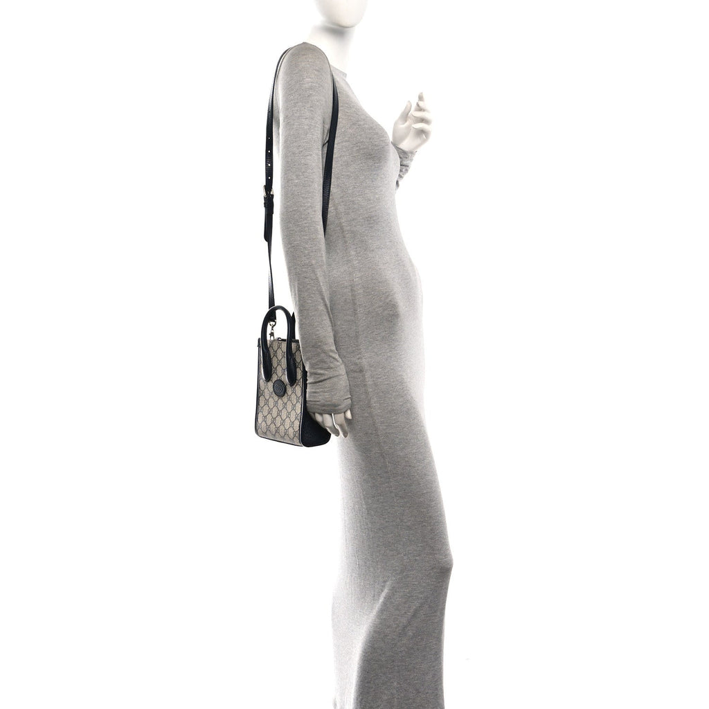 GG Supreme Monogram Textured Dollar Calfskin Mini Retro Interlocking G Tote Bag Beige Blue