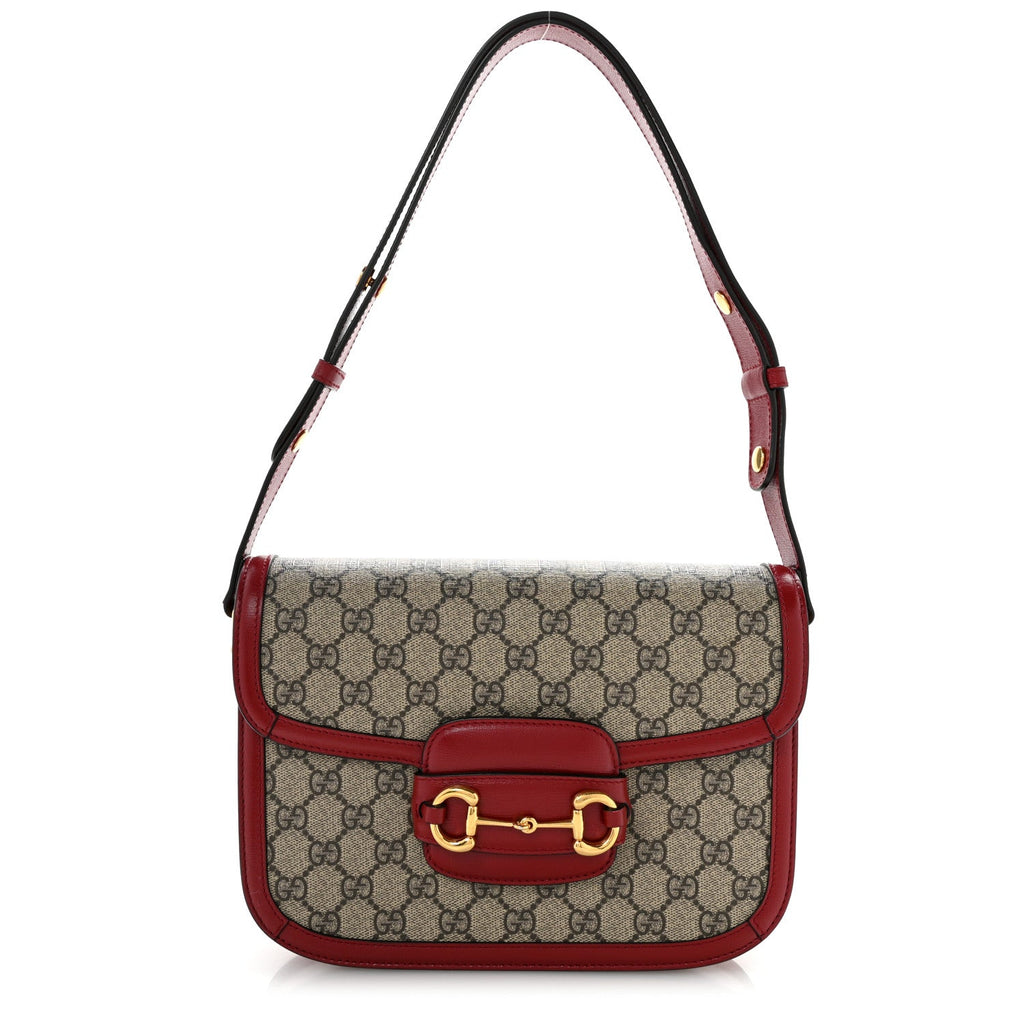 GG Supreme Monogram Azalea Calfskin Horsebit 1955 Shoulder Bag Beige Ebony New Cherry Red