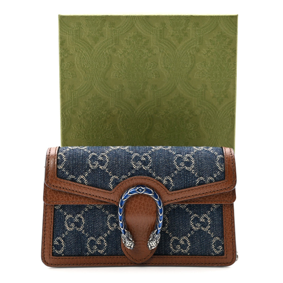 New Denim GG Monogram Dollar Calfskin Enamel Super Mini Dionysus Shoulder Bag Blue Tea Cuir Epilog Electric Blue