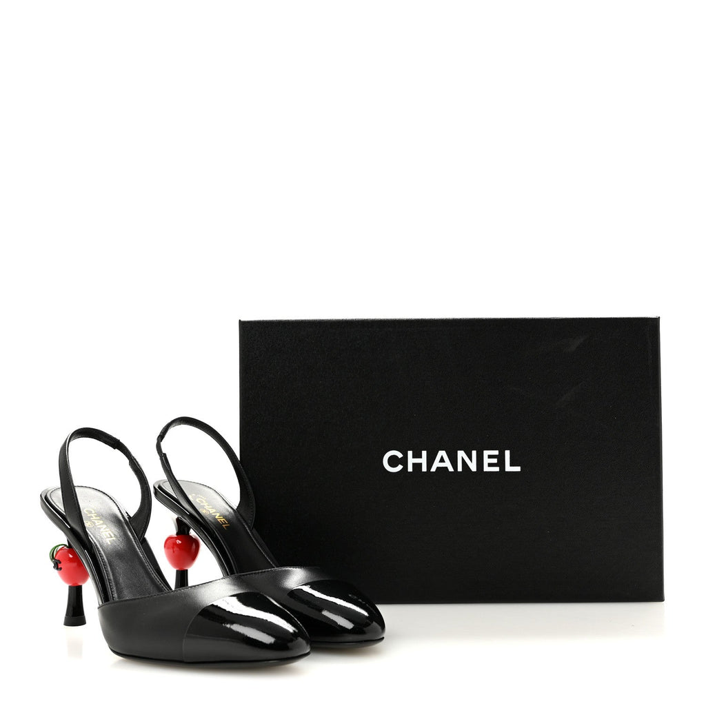 Lambskin Patent Cap Toe CC Apple Slingback Pumps 37 Black