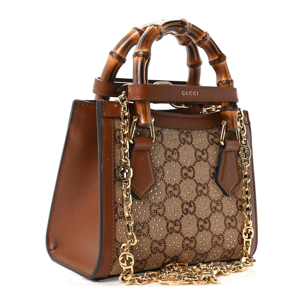 New Canvas Charisma Calfskin Crystal GG Monogram Mini Diana Tote Bag Camel Ebony